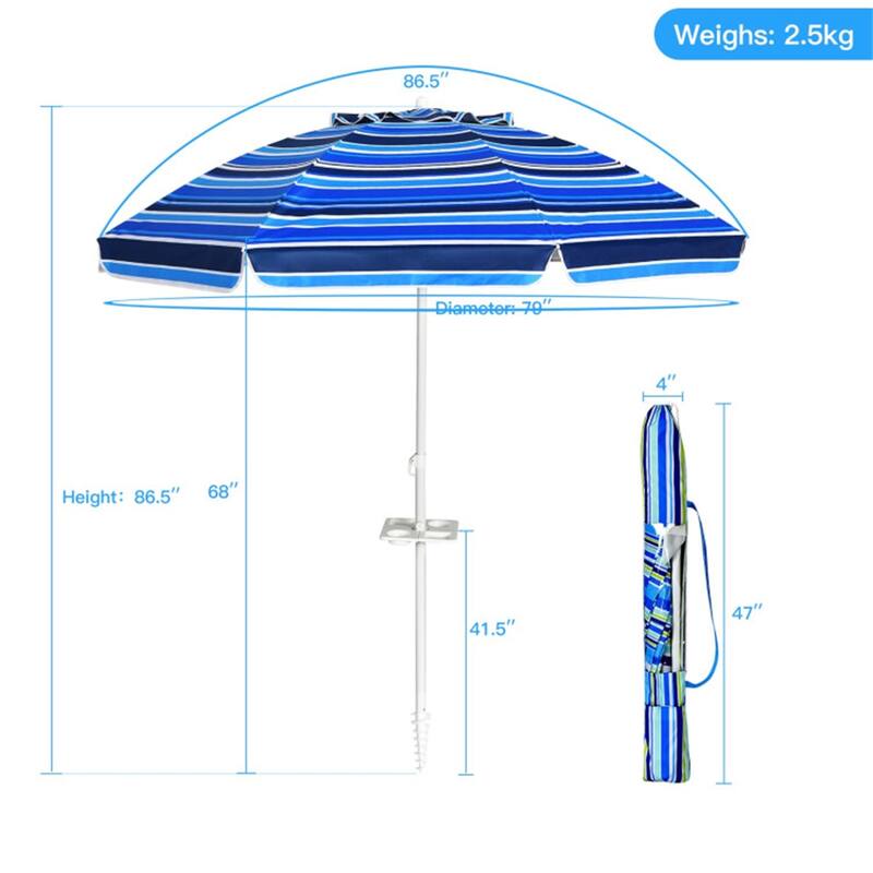 Large 7.2 ft Beach Umbrella with Adjustable Tilt and Sun Protection and Sturdy 8-Rib Frame - 7.2'Dia x 7.2'H
