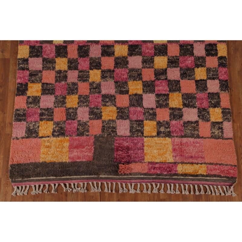 Checkered Pink Moroccan Oriental Area Rug Handmade Wool Carpet - 5'8" x 9'8"
