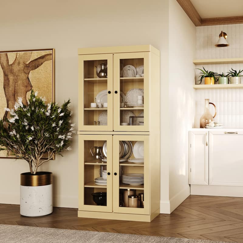 Palace Imports 100% Solid Wood Pantry Cabinet with Frosted, Clear Glass or Solid Doors and Adjustable Shelves - Yellow - Clear Glass