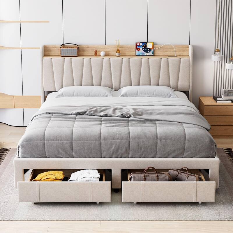 Upholstered Platform Bed with Storage Headboard, Drawer & Charging Station, Wood Slat Support