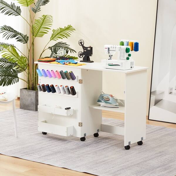 slide 2 of 22, Erommy 45.5" W x 23.6" D Sewing Table featuring a Storage Shelf, Versatile Adjustable Sewing Machine Desk with Storage Bags White - Roller