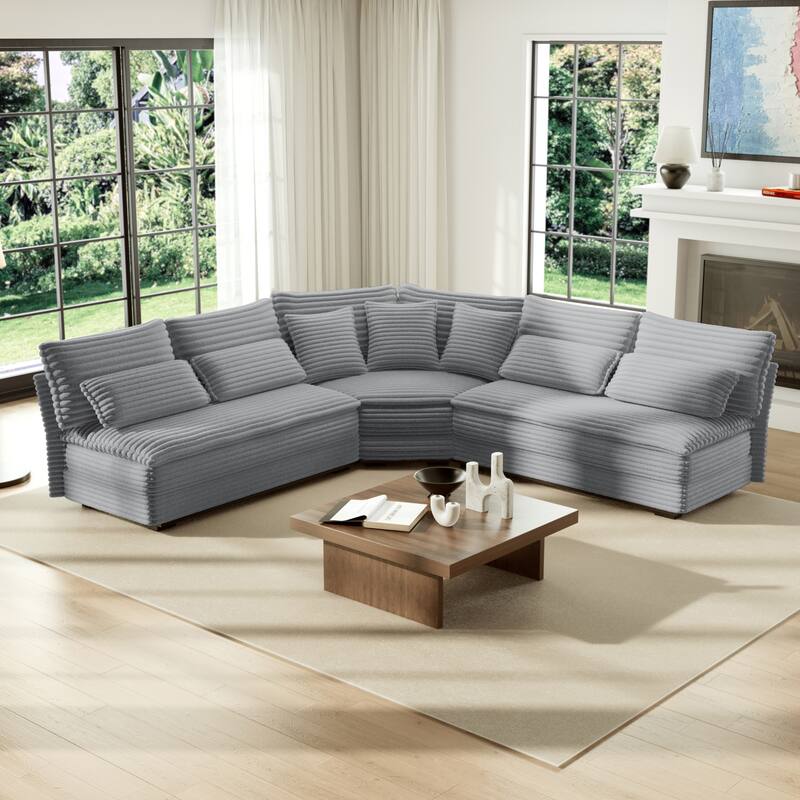 5-Seater L-Shaped Sectional Sofa with Curved Corner - Plush Corduroy Fabric, 7 Pillows (3 Throw + 4 Lumbar)
