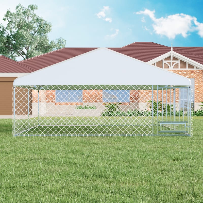EROMMY 13'x13' Heavy Duty Dog Kennel - Waterproof Cover, Rotating Feeder & Lockable Galvanized Steel Cage - silver - Assembly Required - 13x13 - Metal