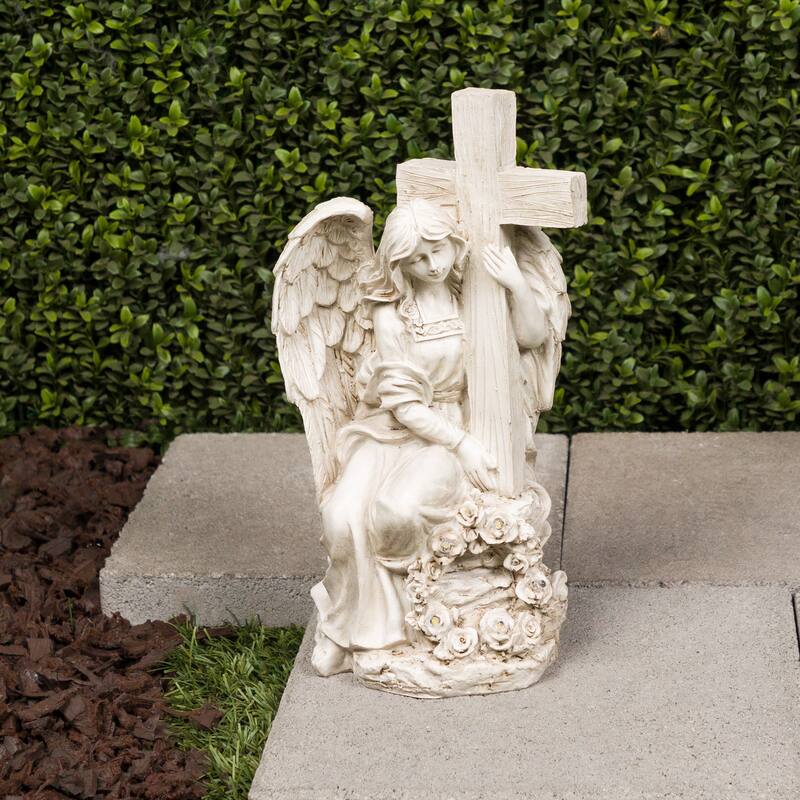 Solar Angel Holding Cross Statue with LED Lights