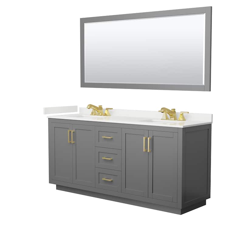 Miranda 72-inch Double Vanity, Quartz Top, 70-inch Mirror - Dark Gray, Gold Trim, White Quartz Top
