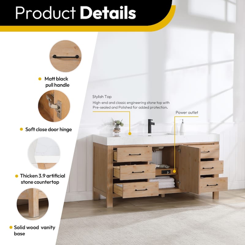 Leon 60 in. Single Bathroom Vanity with Composite Stone Top