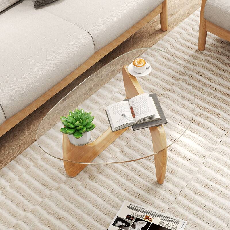 Gymax Triangle Coffee Table w/ Tempered Glass Top & Adjustable Rubber
