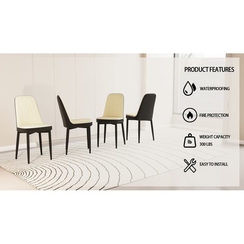 A set of 4 Dining Chair Modern Style Chair Made of High-Quality PU Leather Fabric w/ Thick Soft Cushions - Beige+Black