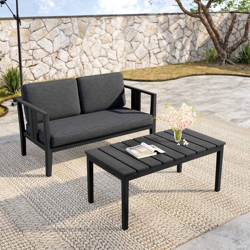 Teak Wood Water Resistant Outdoor Loveseat and Coffee Table Set (Set of 2)