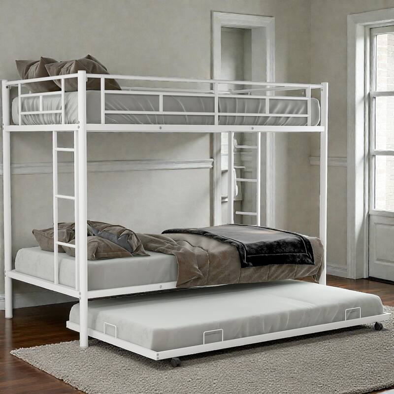 Twin over Twin Metal Bunk Bed with Trundle, Space Saving Bunk Bed with Ladder and Guardrails