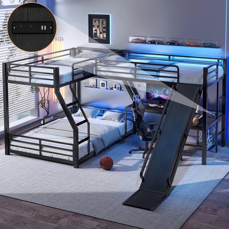 L-Shaped Metal Triple Bunk Bed with Slide & USB, Twin XL over Queen/Twin over Full with Loft, Noise-Free, Black