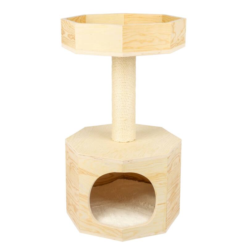 Premium Scots Pine 29-Inch Real Wood Cat Tree with Perch and Condo - 16"(L)X16"(W)X29"(H)
