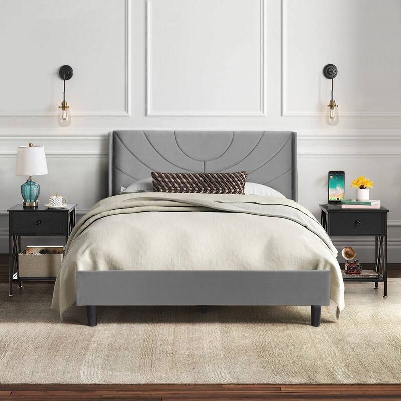 VECELO Bedroom Sets 3-pieces Bedroom Set with Height Adjustable Upholstered Bed and Nightstands Set of 2 - Black - Full