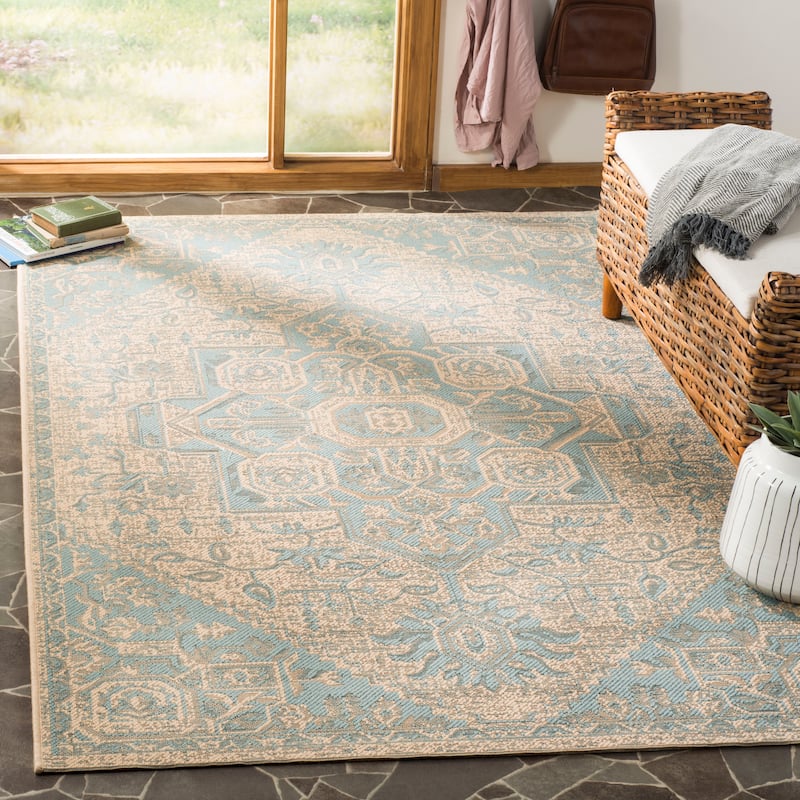 SAFAVIEH Linden Ludmyla Indoor/ Outdoor Waterproof Patio Backyard Rug - 5'3" x 7'6" - Aqua/Cream