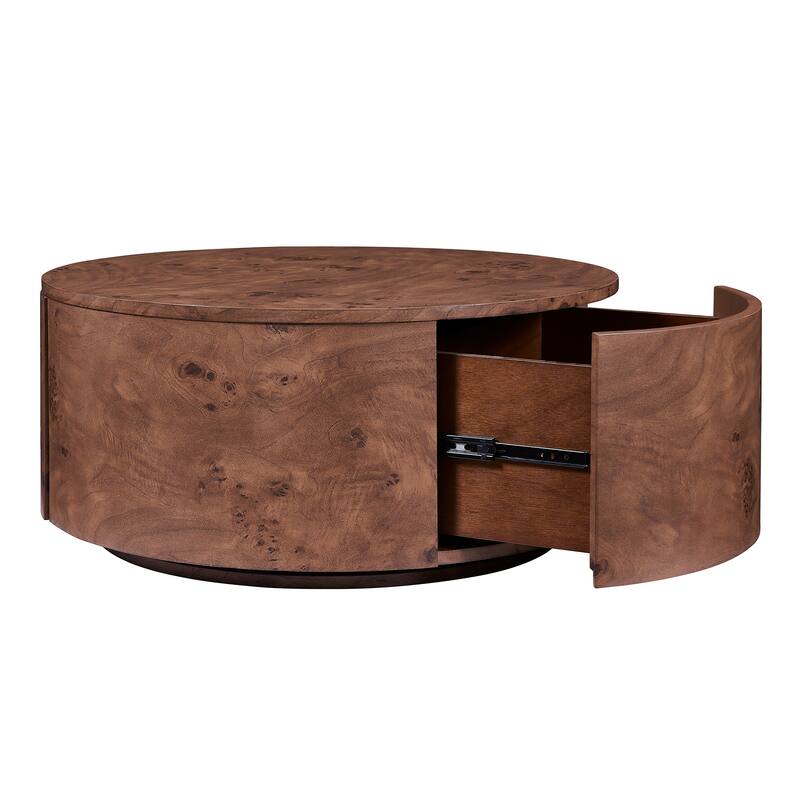 28.4" Burl Wood Rotating Coffee Table with 2 Drawers - 360° Swivel Top in Walnut Finish