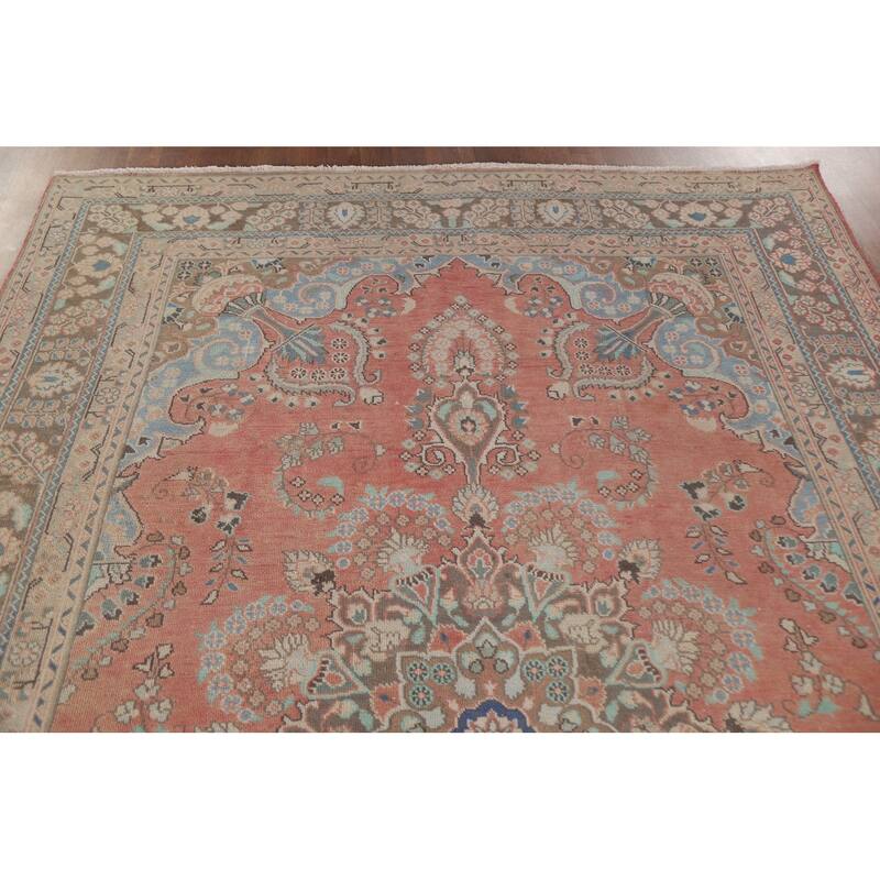 Hand Knotted Oriental 100% Wool Carpet Traditional Floral Pink Mashad Area Rug - 9' 5'' X 6' 2''