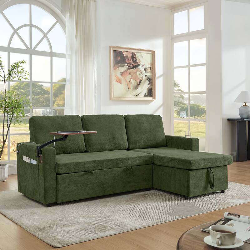 Modern Chenille Multi-functional Pull-Out Bed Sofa with Retractable Table and LED Lighting - Green