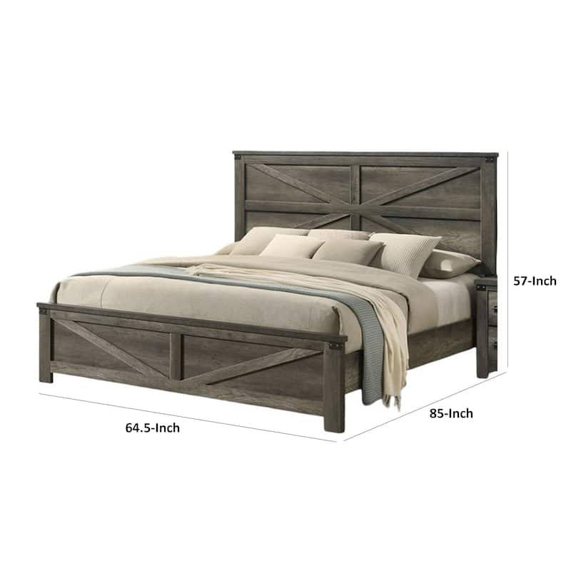 Bry Queen Size Bed w Chevron Panel Headboard, Rustic Gray Wood Frame