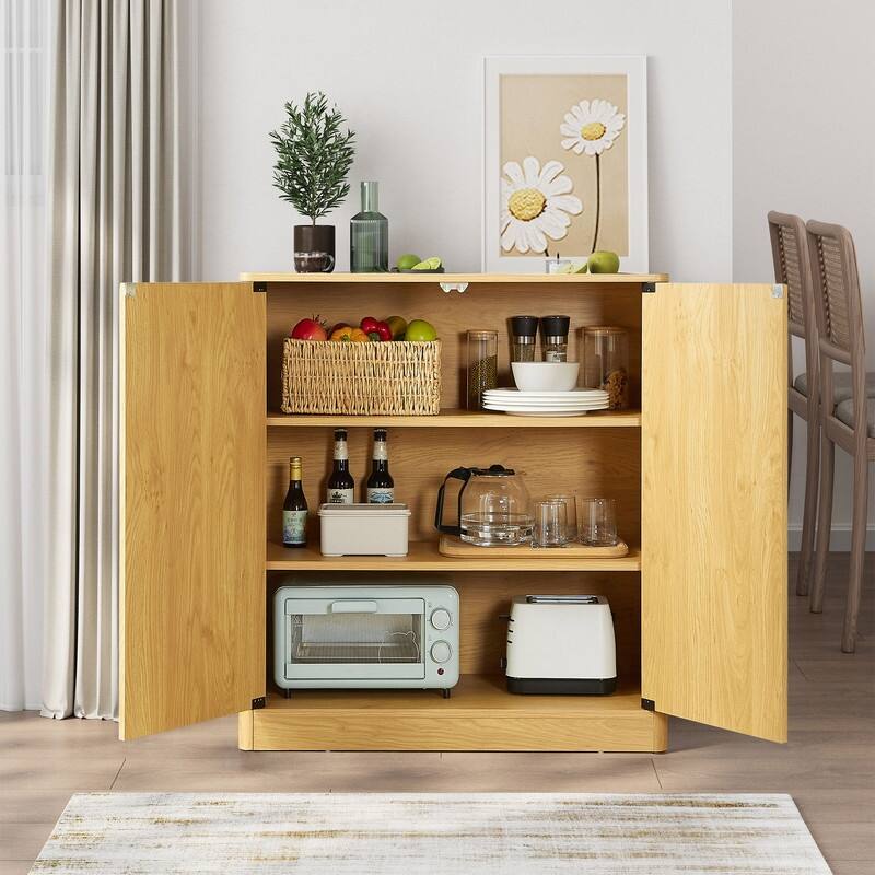 Fluted 31.5" Sideboard with Curved Design 2-Door Storage Cabinet for Stylish Organization - Natural