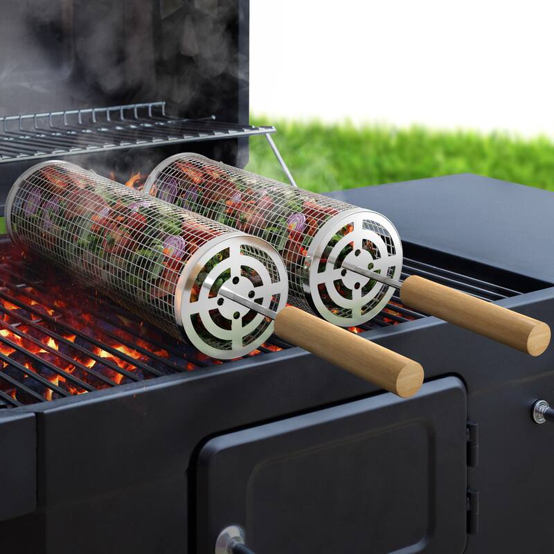 Sorbus Stainless Steel Rolling Barbecue Grilling Basket with Removable Handles - 2 Piece - 12" L x 3.75" W - Stainless Steel - Silver