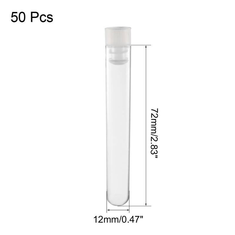 50 Pcs Centrifuge Test Tubes Round Bottom Polystyrene with White Cap 12 x 72mm - Clear
