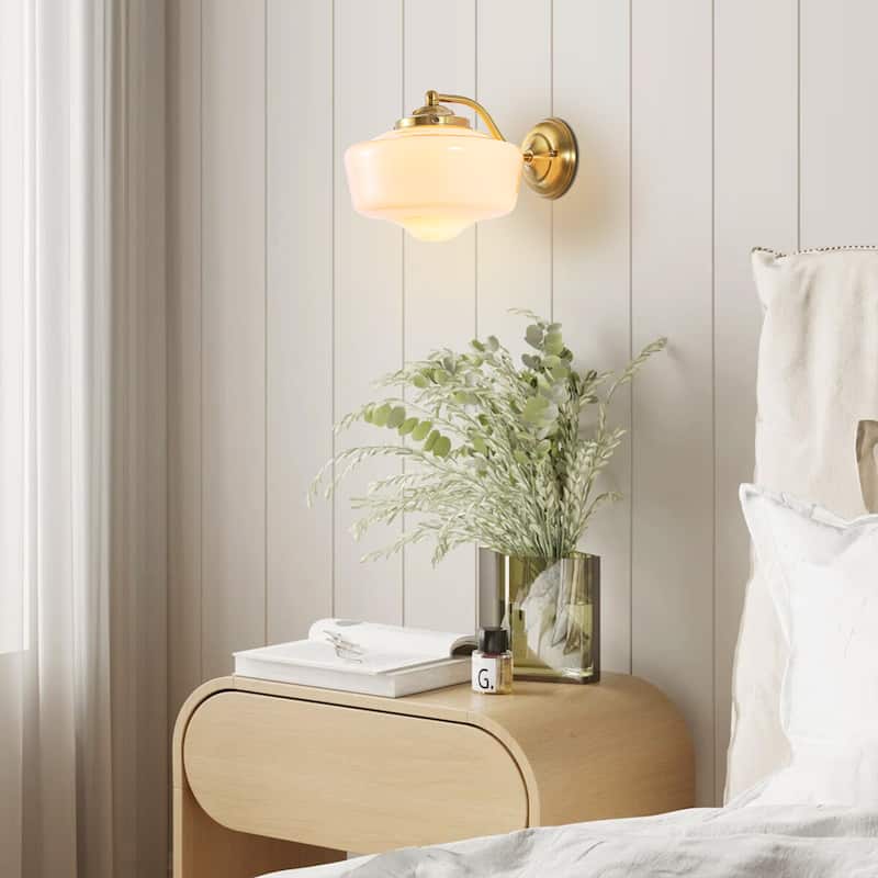 9.8 in. 1-Light Vintage Black/Gold Dimmable Wall Sconce With Milky White Glass Shade for Bedroom