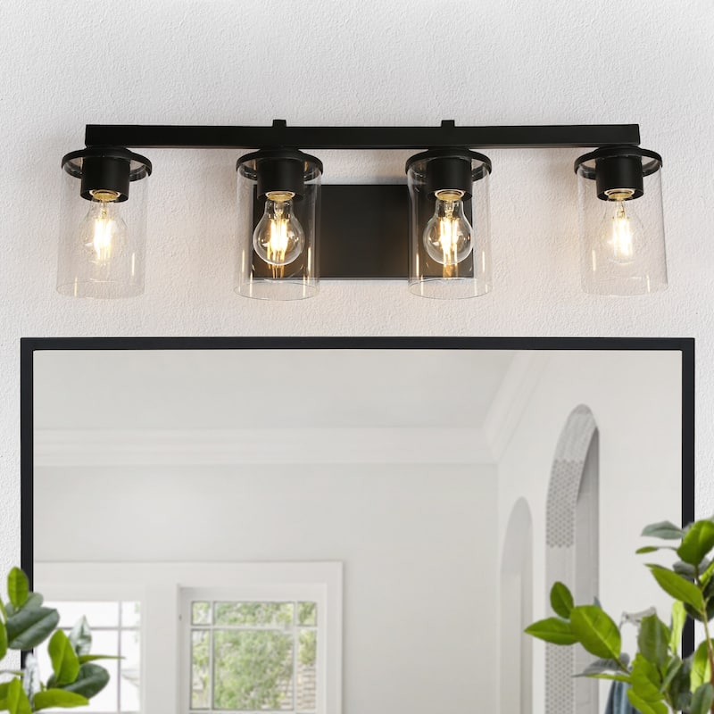 Modern Farmhouse 4-Light Black Bathroom Vanity Light Cylinder Glass Wall Sconces - L28"xW8.3"xH6.7" - 4-Light