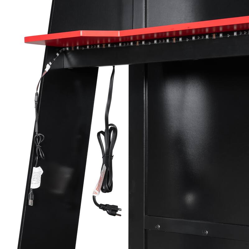 Esports Twin Loft Bed with Desk, Multi-storage Shelves and Light Strip