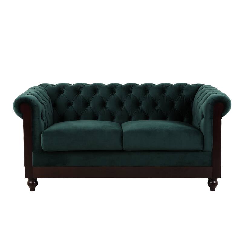 Roomfitters 59.44" Velvet Loveseat Sofa, 2-Person Modern Dutch Plush Upholstered Couch with Rolled Arms & Button Tufting, Green