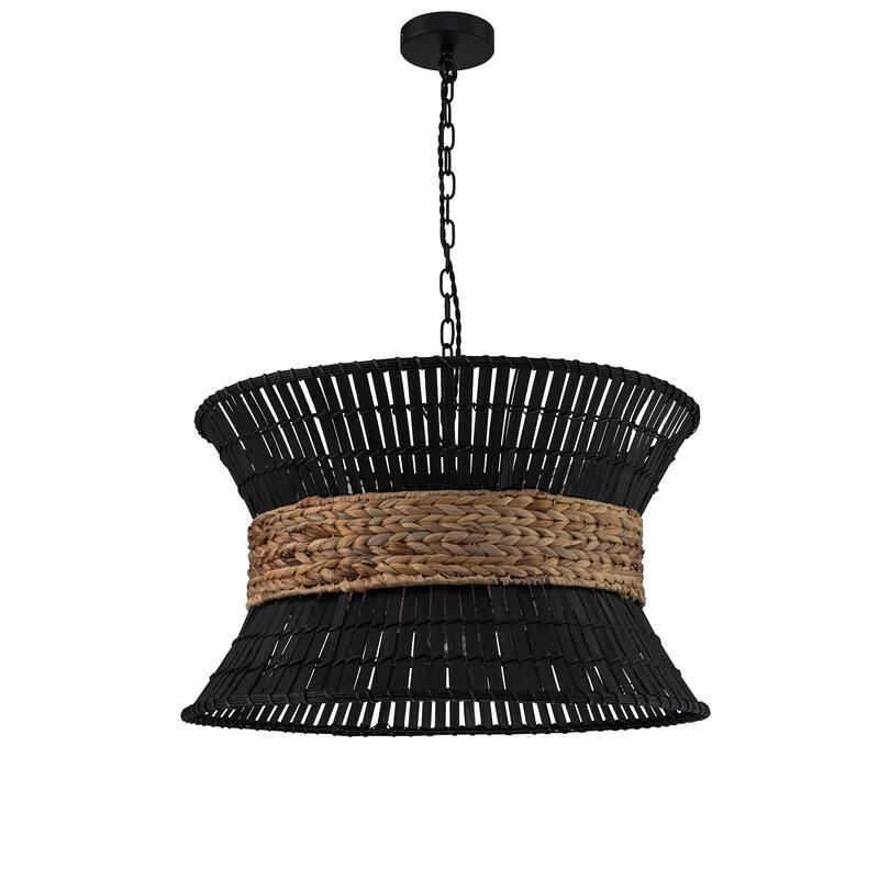 Umber 4-Light Modern Natural Rattan Pendant Ceiling Fixture Coastal Nautical Chandelier - 24 Wide - Black