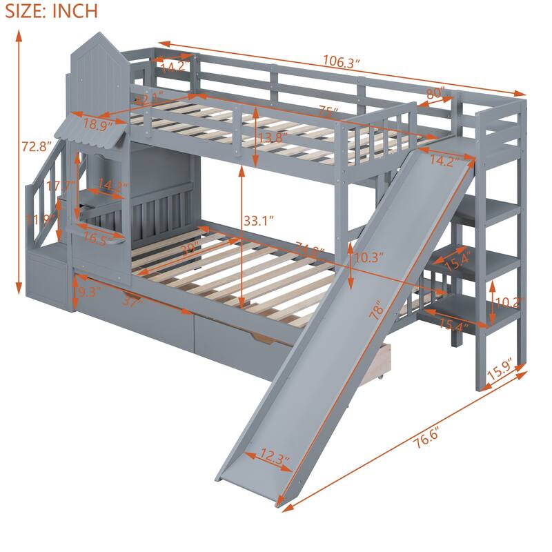 Twin Castle Style Bunk Bed with Storage