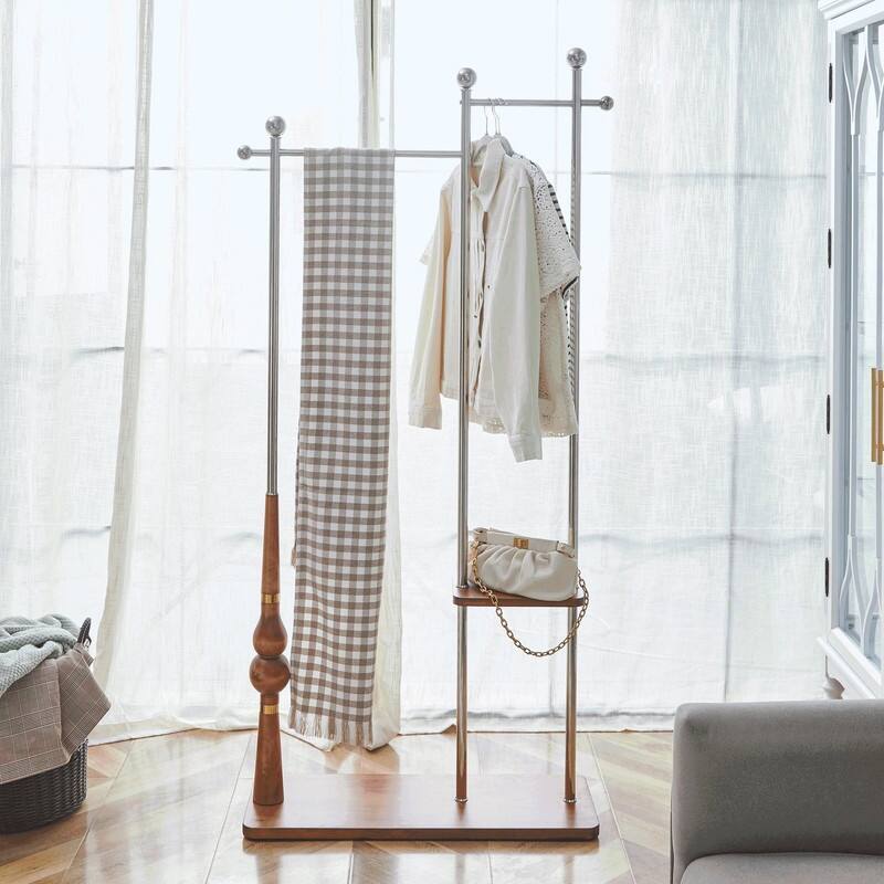 70" Tall Industrial Coat Rack for Entryway, Solid Wood & Stainless Steel, Double Layer Hanging Rack