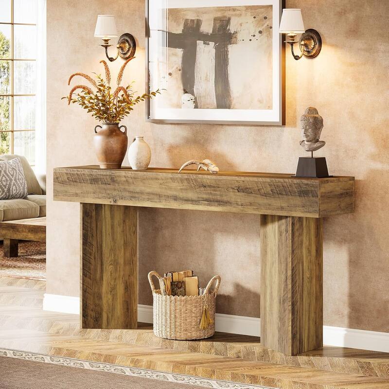 63-Inch Brown Engineered Wood Entryway Table, Farmhouse Long Sofa Table Behind Couch for Living Room - Brown