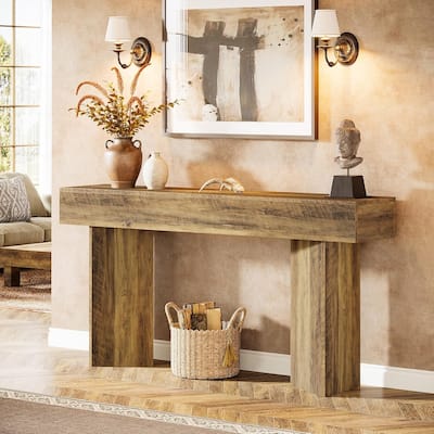 63-Inch Brown Engineered Wood Entryway Table, Farmhouse Long Sofa Table Behind Couch for Living Room