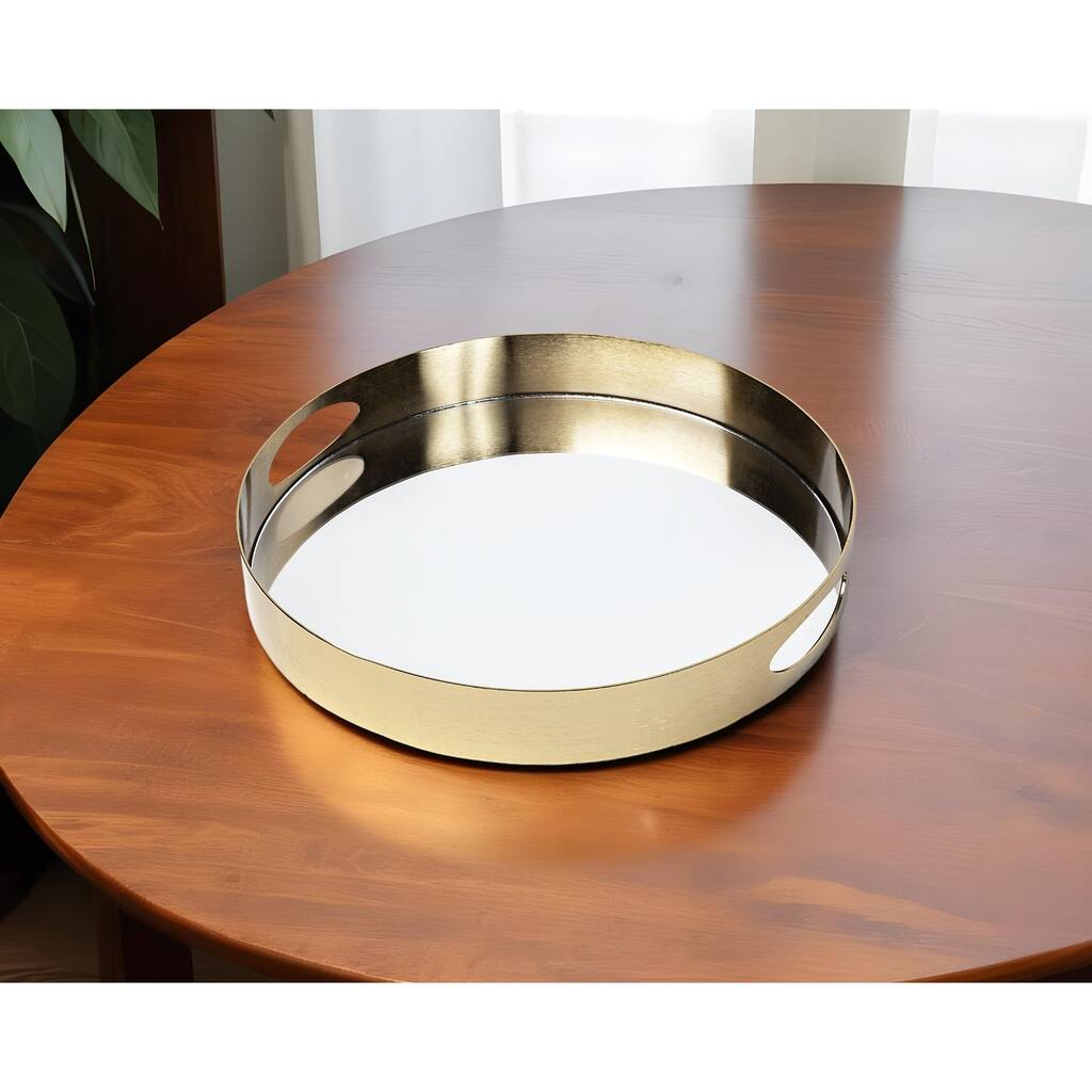 HomeRoots 15" Gold And Mirrored Glass Round Metal Tray With Handles - 2" x 15"