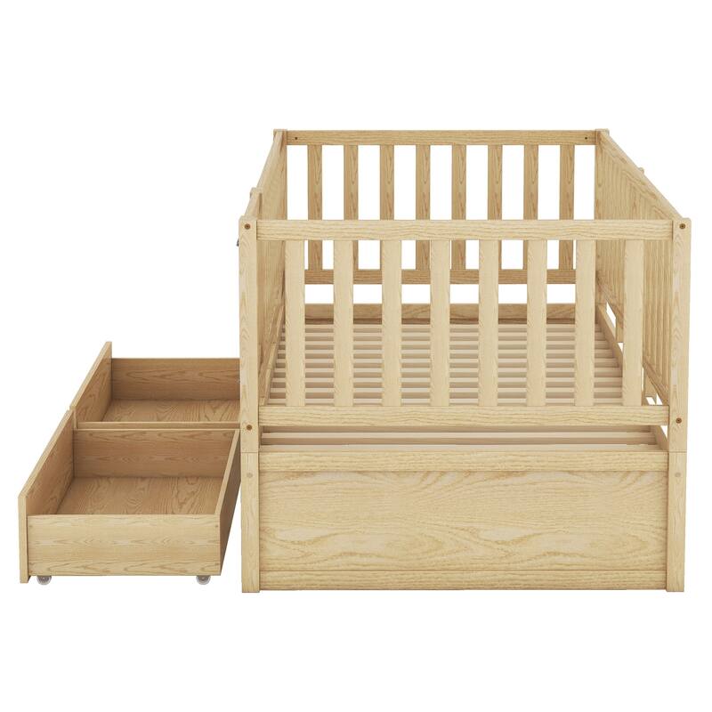 Modern Wood Daybed with Fence Guardrails and 2 Drawers