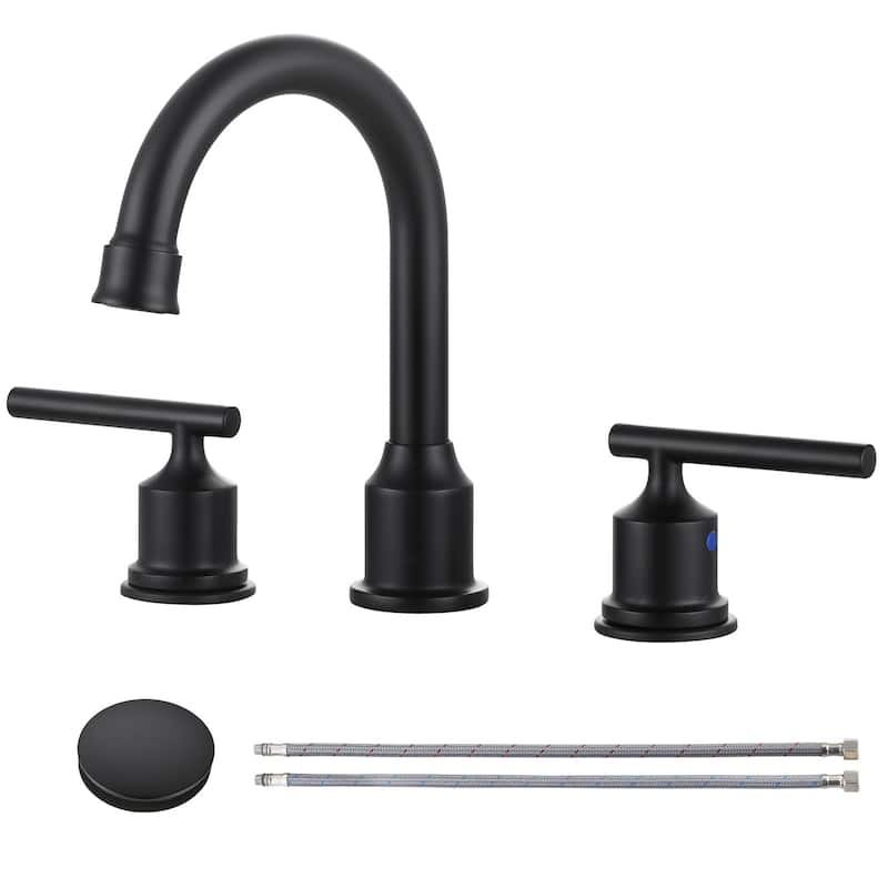 WOWOW 8 in. Widespread Double-Handle Bathroom Faucet with Drain Kit - Matte Black