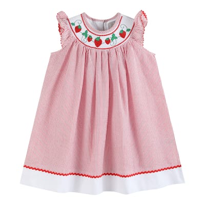 Lil Cactus Red Seersucker Strawberry Smocked Bishop Dress