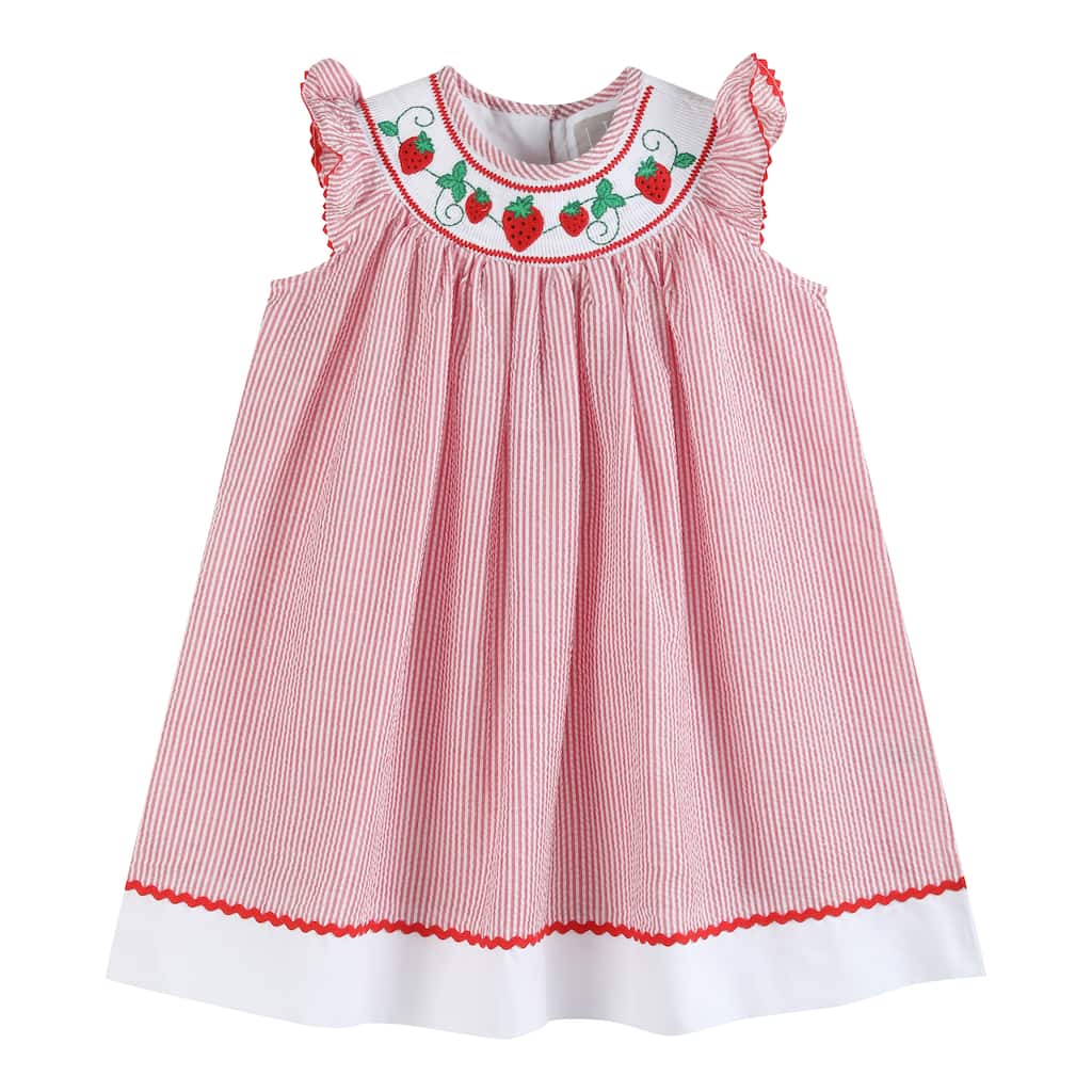 Lil Cactus Red Seersucker Strawberry Smocked Bishop Dress
