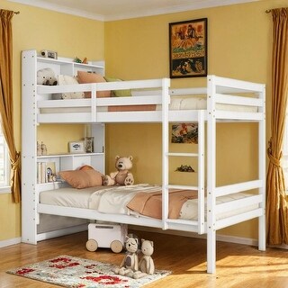 Twin Over Twin Rubber Wood Bed with Shelves Headboard, Safety Guardrails and Ladder