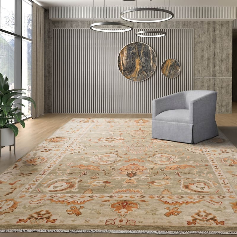 LoomBloom Muted Turkish Oushak Hand Knotted Area Rug Moss Color - 8'  x 10'