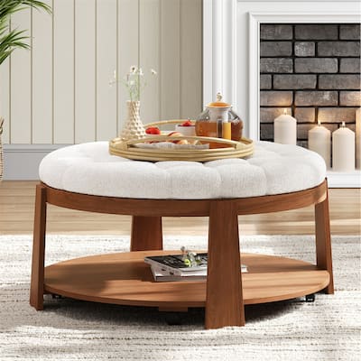 36" Round Button Tufted Upholstered Coffee Table with Wood Shelf and Wheel