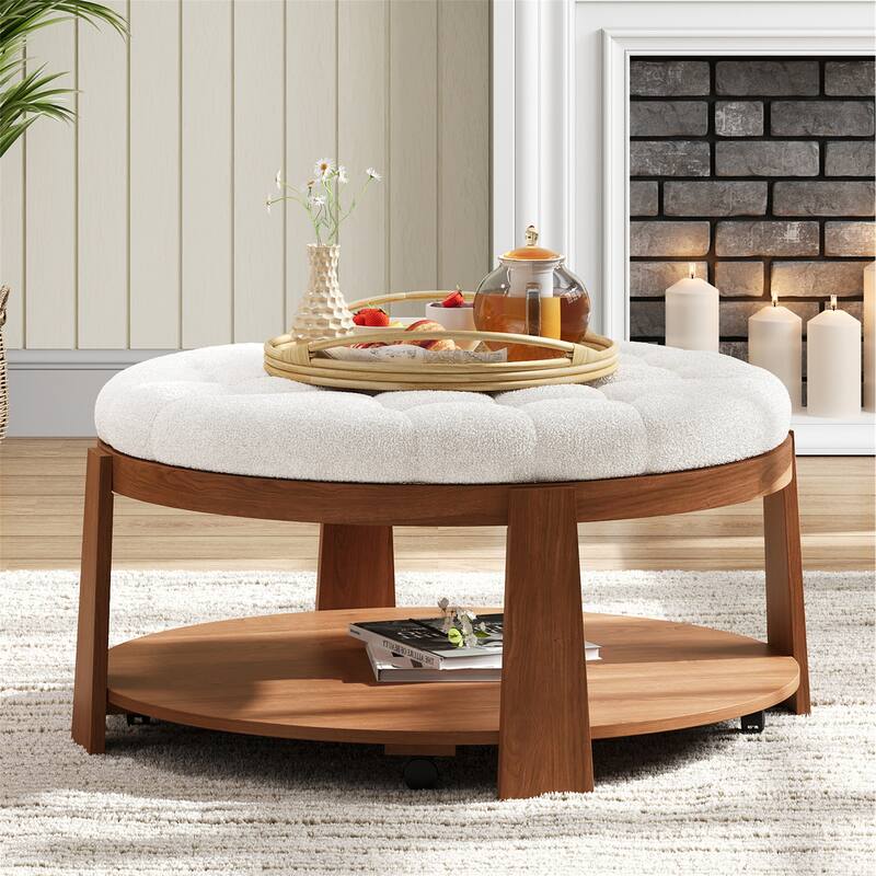 Modern Round Ottoman Coffee Table with Wood Shelf Storage Upholstered Coffee Table for Living Room Footrest Ottoman with wheel - White