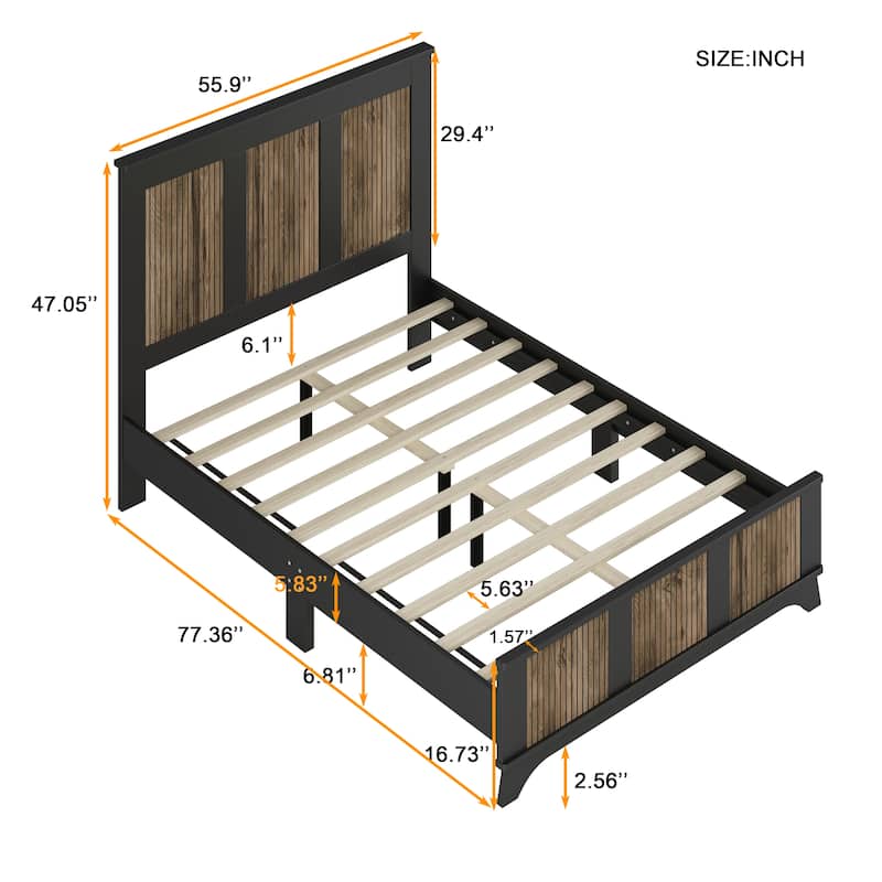 Farmhouse Wooden Platform Full Size Bed, Modern Platform Bed with Wooden Strip Decoration, Plywood Slats Support, White