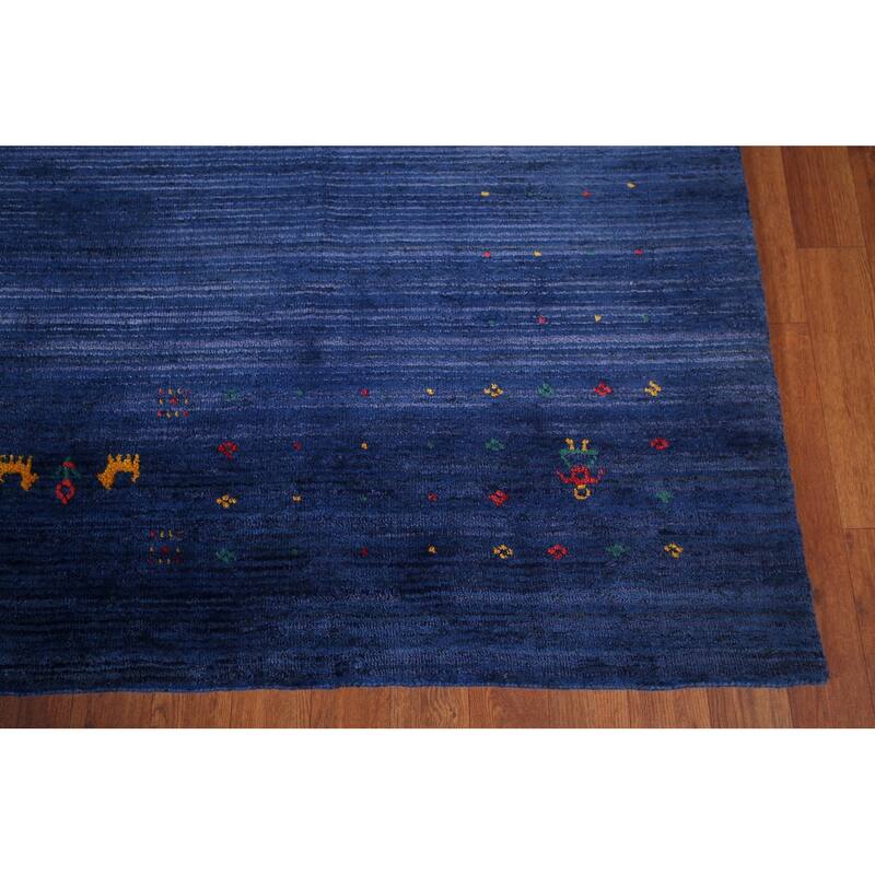Royal Blue Striped Gabbeh Oriental Area Rug Handmade Silk Carpet - 7'8"x 9'5"
