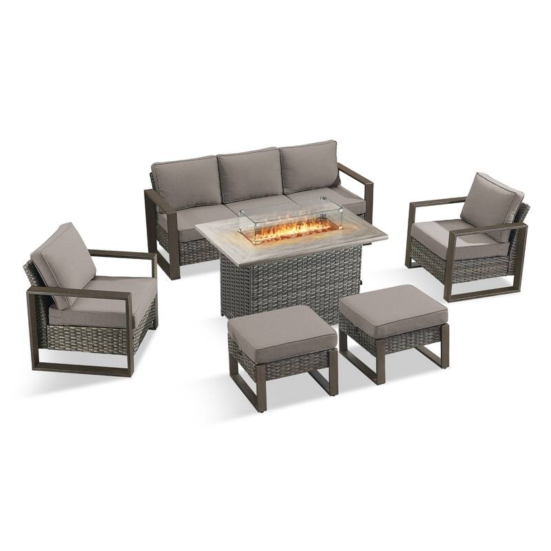 Pocassy Outdoor Wicker Sofa Patio Chair with Fire Table Set