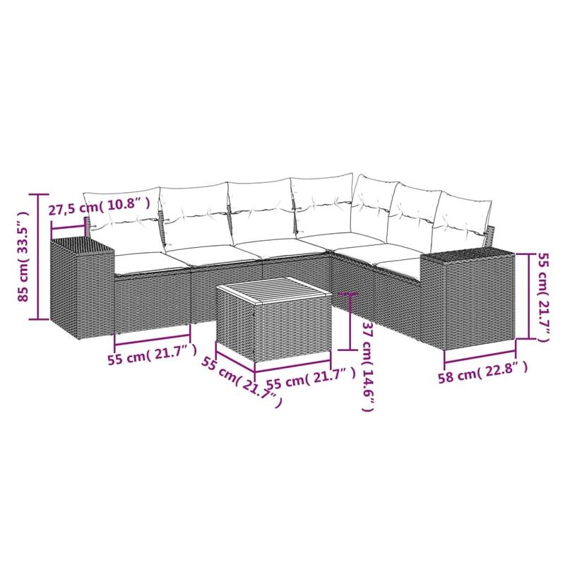 vidaXL Patio Sofa Set with Cushions Outdoor Furniture 7 Piece Poly Rattan - 24.4x 24.4x 27.2