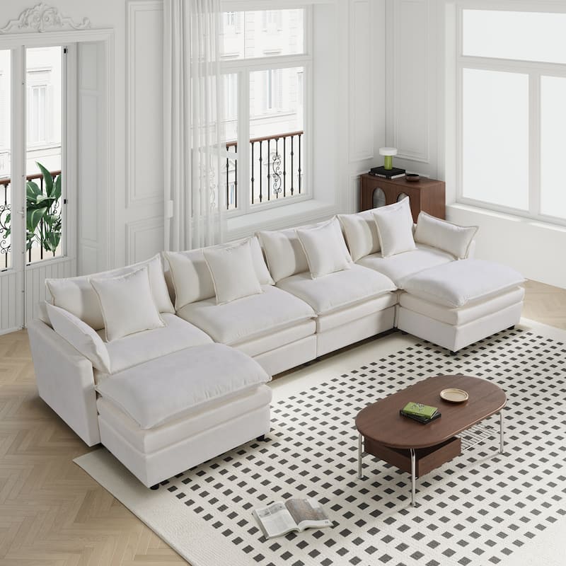 142.52" U-Shaped 6-Seat Sectional Sofa with Convertible Chaise and Ottomans, Spacious Cloud Couch - White
