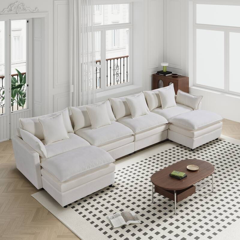 142.52" U-Shaped 6-Seater Sectional Sofa with Convertible Chaise and Ottomans, Spacious Cloud Couch for Comfort - White