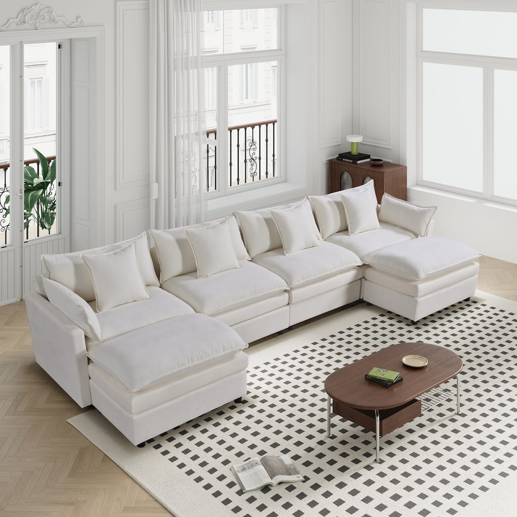 White 142.52" U-Shaped 6-Seater Sectional Sofa with Convertible Chaise and Ottomans, Generous Cloud Couch